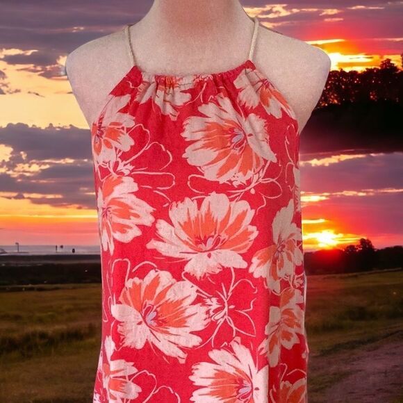 HOLLISTER BEACH SUMMER EXTRA SM MINI DRESS PEACH PINK FLORAL PRINT ROPE DETAIL - Picture 2 of 7